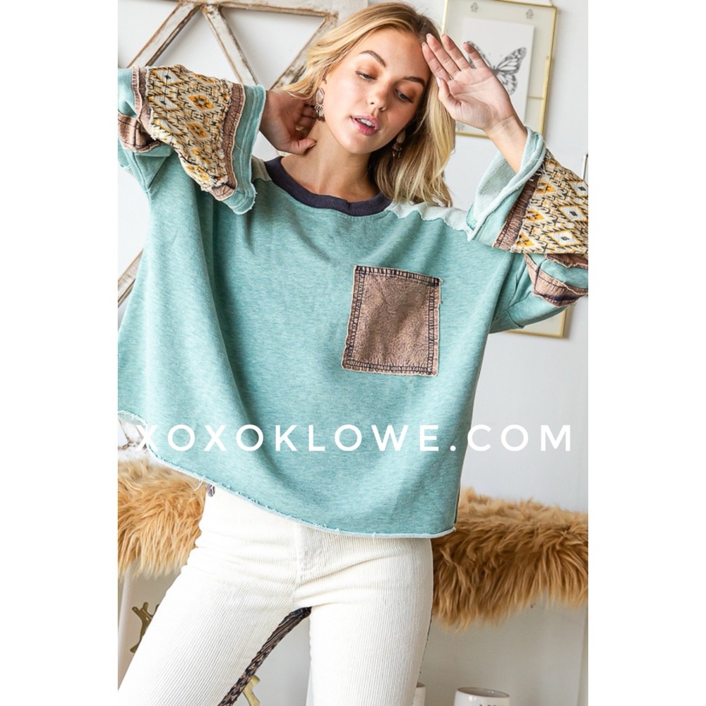 Oli & Hali Mixed Fabric Long Sleeve Top in Teal - Picture 3 of 10